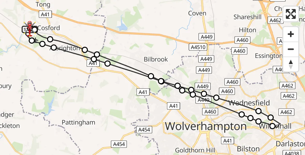 Flight route Air Ambulance Helicopter RAF Cosford - Cosford, 05 July 2026, 16:04