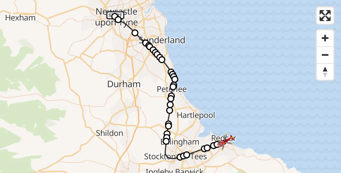 Flight route Air Ambulance Helicopter Newcastle Royal Victoria Infirmary - Redcar, 05 July 2026, 16:11