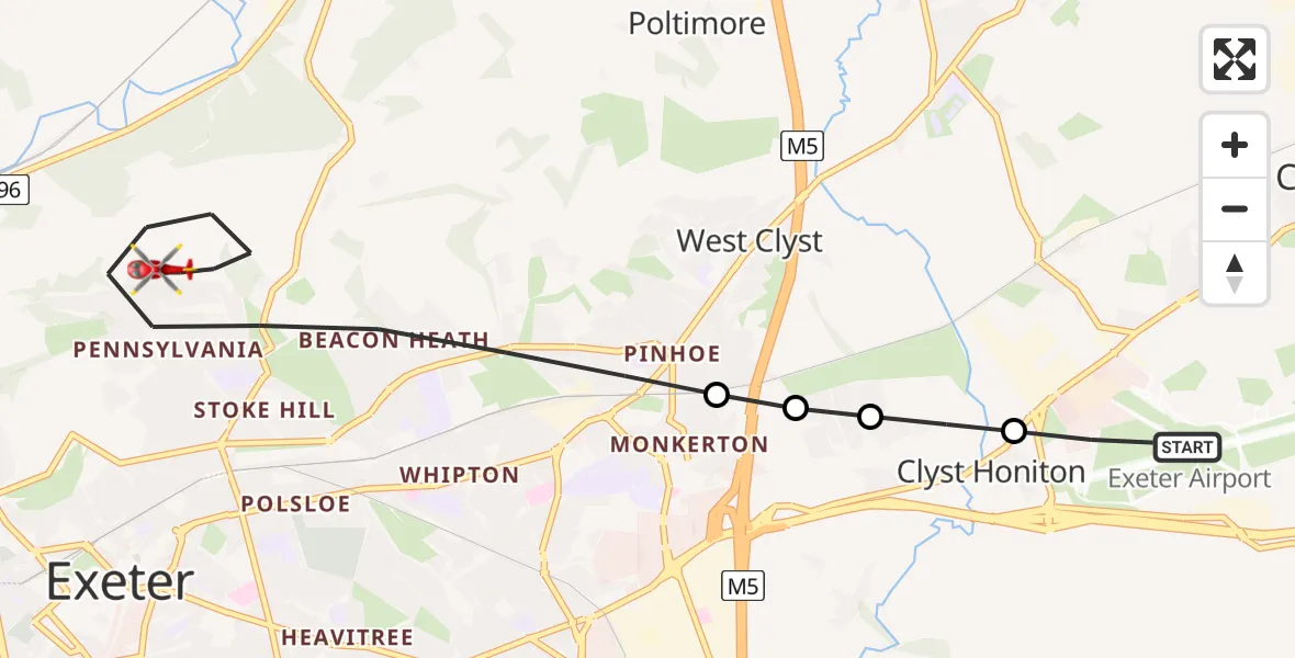 Flight route Air Ambulance Helicopter Exeter International Airport - Exeter, 05 July 2026, 16:19