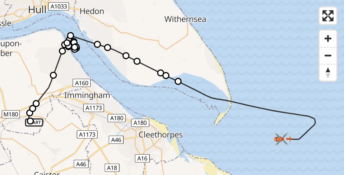 Flight route Coastguard Helicopter Humberside Airport - North Sea, 05 July 2026, 16:19