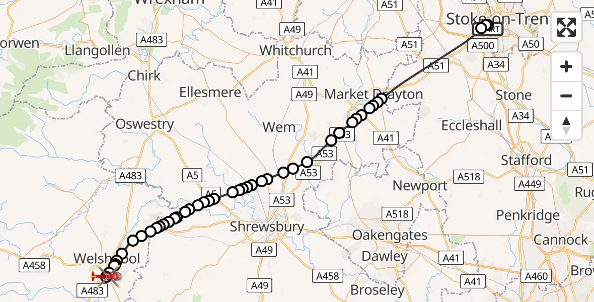 Flight route Air Ambulance Helicopter University Hospital North Staffs - Welshpool Airport, 05 July 2026, 16:24