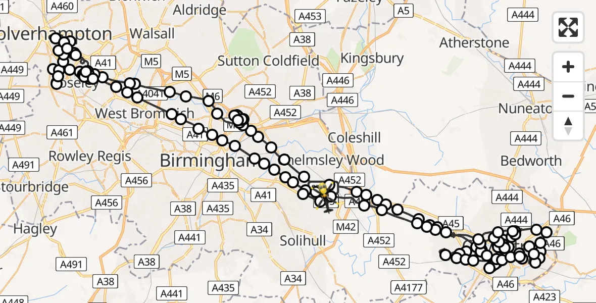 Flight route Police Helicopter Birmingham Airport - Solihull, 05 July 2026, 16:29