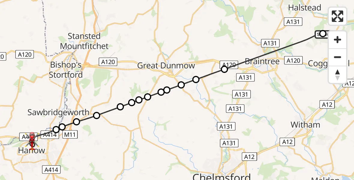Flight route Air Ambulance Helicopter Earls Colne Airfield - Harlow, 05 July 2026, 16:37