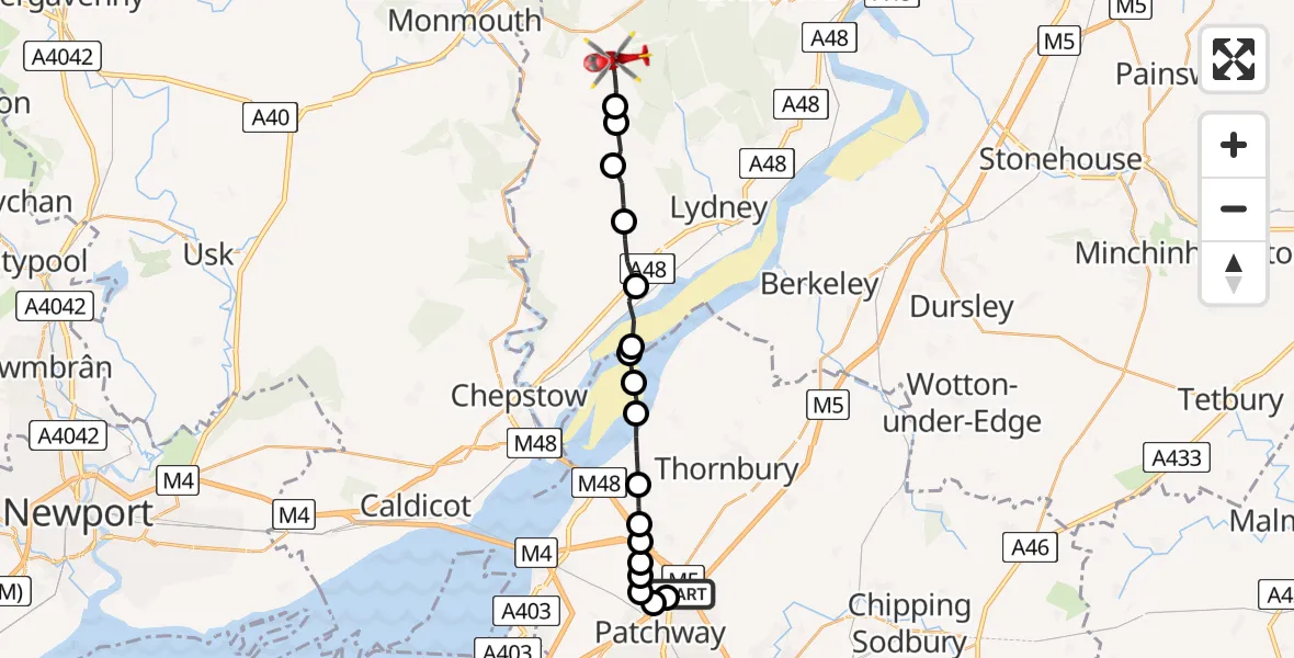 Flight route Air Ambulance Helicopter Almondsbury Helicopter Base - Milkwall, 05 July 2026, 16:38