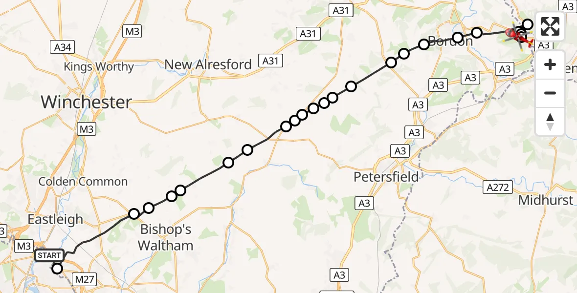 Flight route Air Ambulance Helicopter Southampton Airport - East Hampshire, 05 July 2026, 16:45