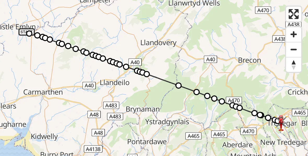 Flight route Air Ambulance Helicopter Llangeler - Tredegar, 05 July 2026, 16:59