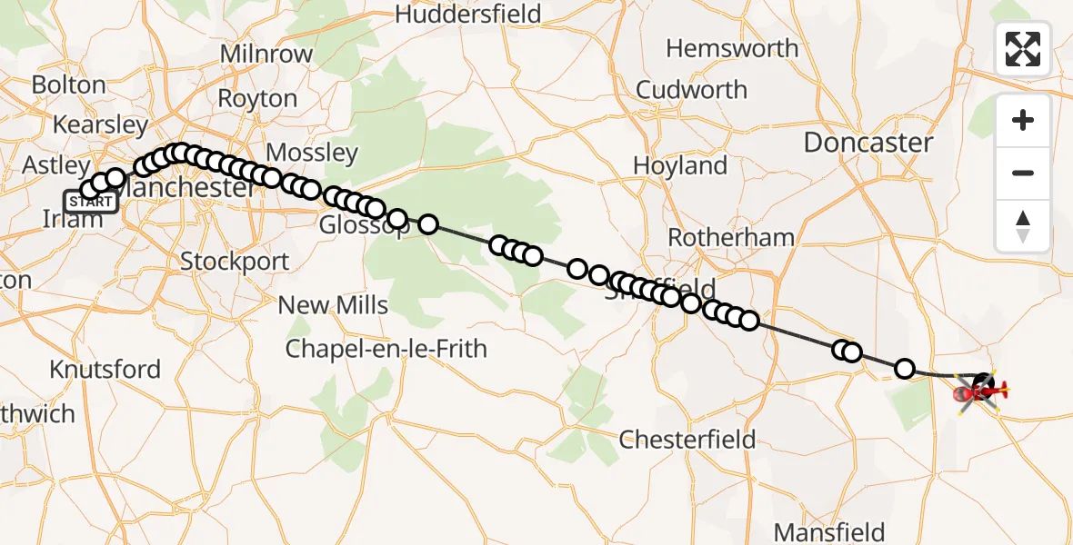 Flight route Air Ambulance Helicopter Manchester Barton Aerodrome - Retford Gamston Airport, 05 July 2026, 17:00