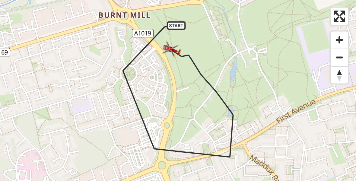 Flight route Air Ambulance Helicopter Harlow - Harlow, 05 July 2026, 17:24