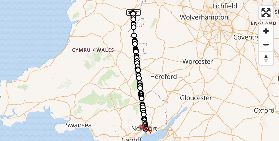 Flight route Air Ambulance Helicopter Welshpool Airport - Somerton, 05 July 2026, 17:33