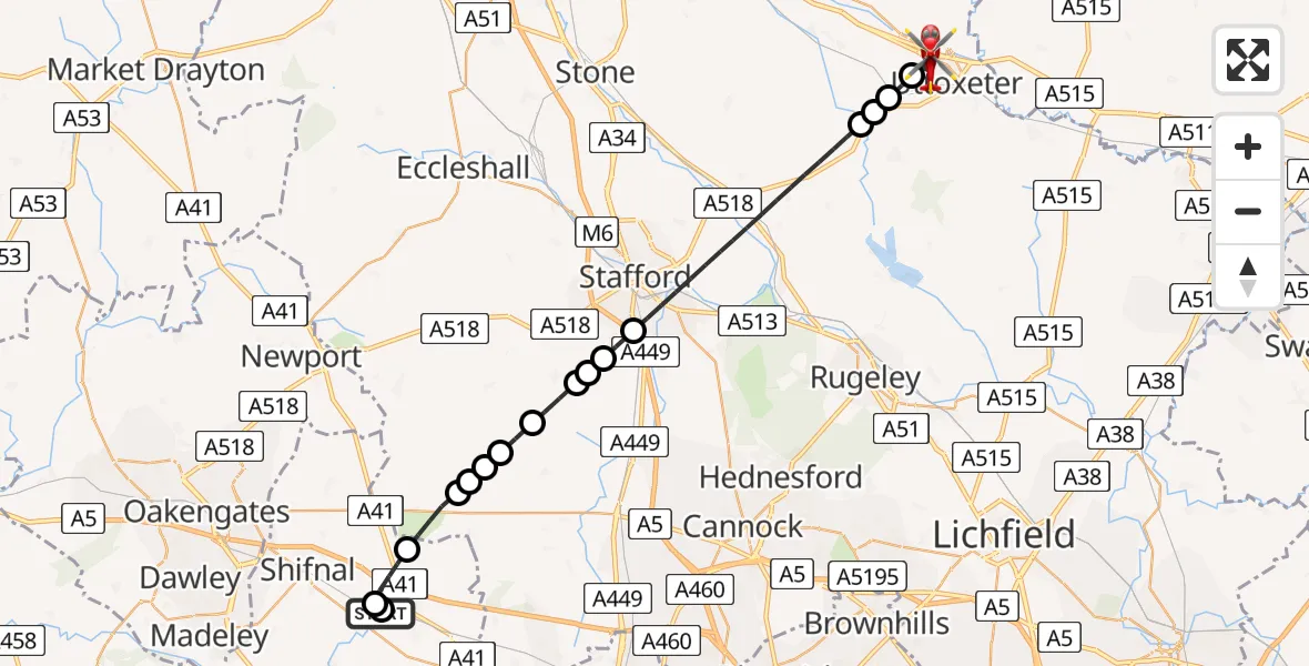 Flight route Air Ambulance Helicopter RAF Cosford - Uttoxeter, 05 July 2026, 17:38