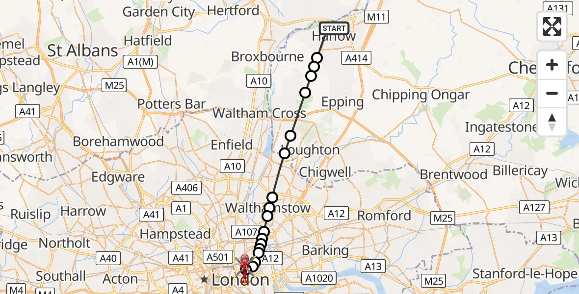 Flight route Air Ambulance Helicopter Harlow - Royal London Hospital, 05 July 2026, 17:40