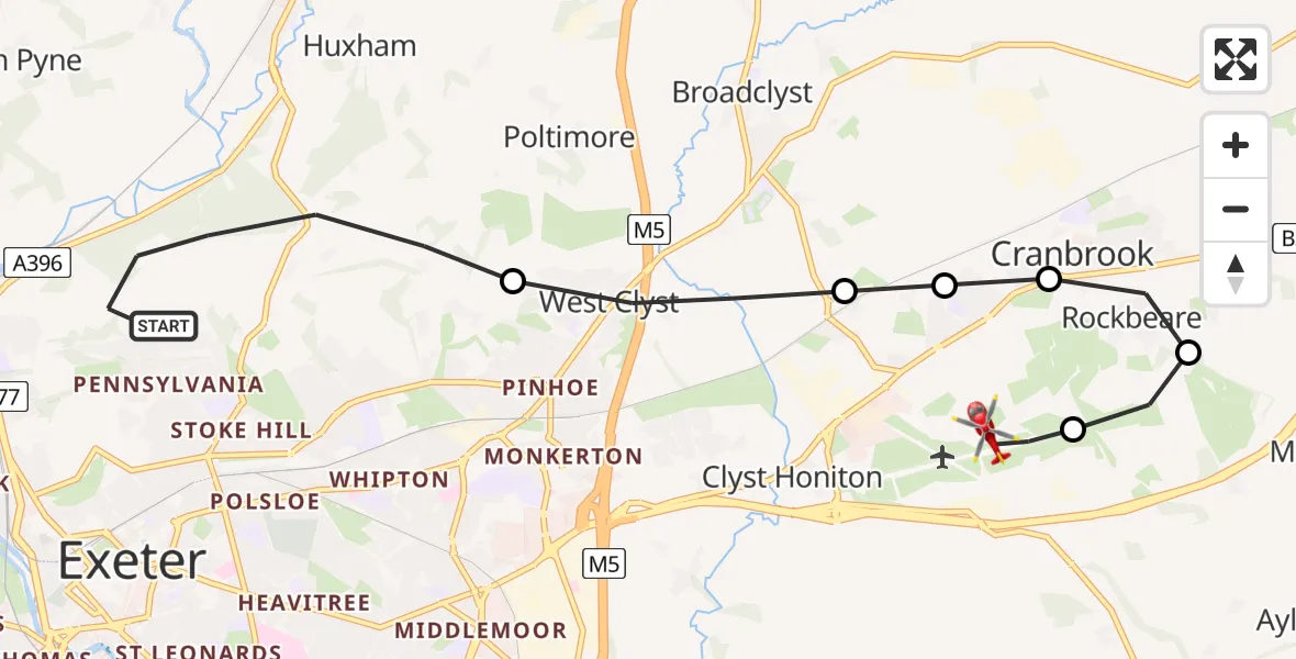 Flight route Air Ambulance Helicopter Exeter - Exeter International Airport, 05 July 2026, 17:40