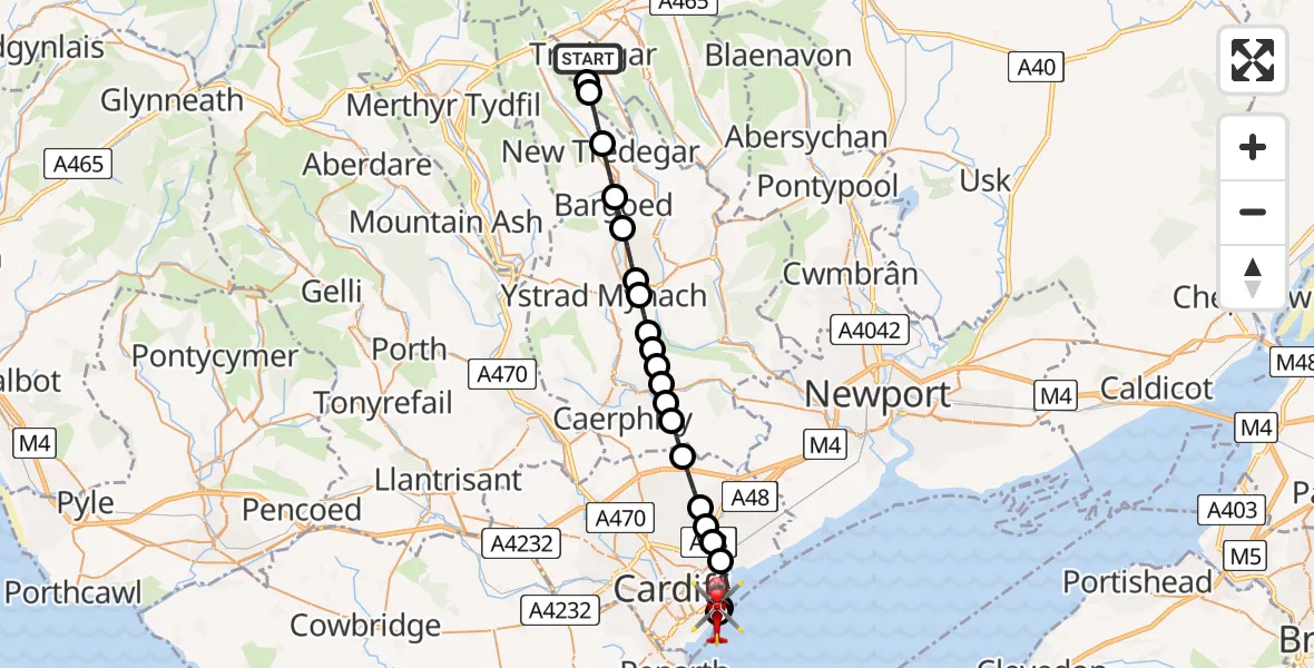 Flight route Air Ambulance Helicopter Tredegar - Cardiff Heliport, 05 July 2026, 17:42
