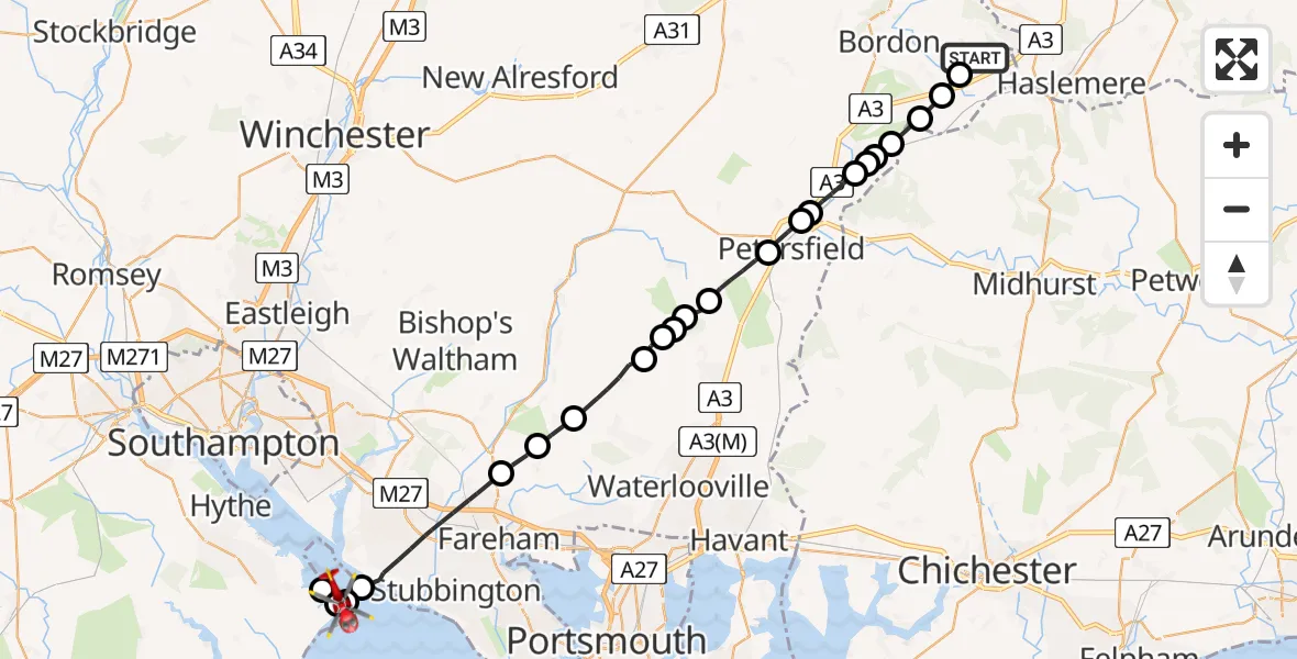Flight route Air Ambulance Helicopter East Hampshire - RNAS/RAF Calshot, 05 July 2026, 17:55