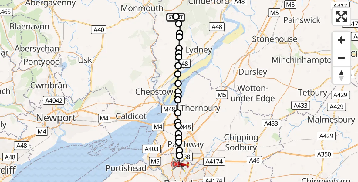 Flight route Air Ambulance Helicopter Coalway - Bristol, 05 July 2026, 18:03