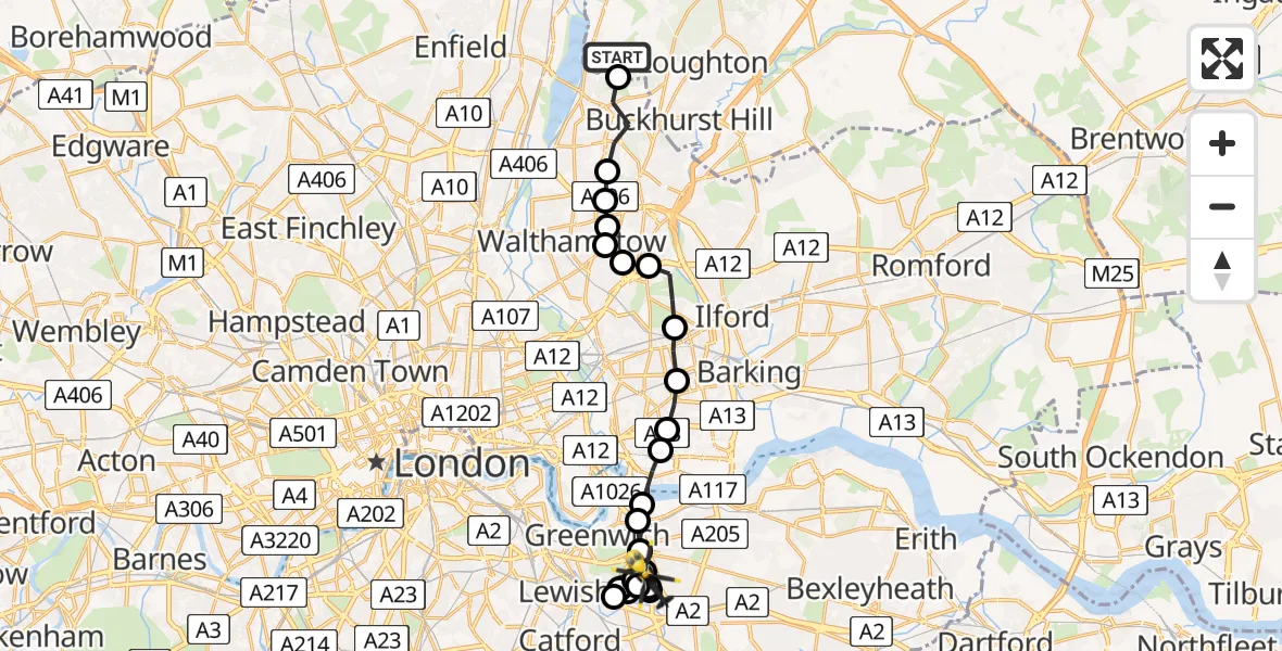 Flight route Police Helicopter Chingford - Kidbrooke, 05 July 2026, 18:09