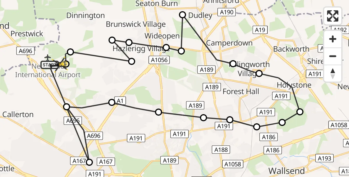 Flight route Police Helicopter Newcastle International Airport - Newcastle International Airport, 05 July 2026, 18:15