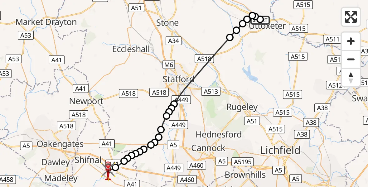 Flight route Air Ambulance Helicopter Uttoxeter - Cosford, 05 July 2026, 18:28