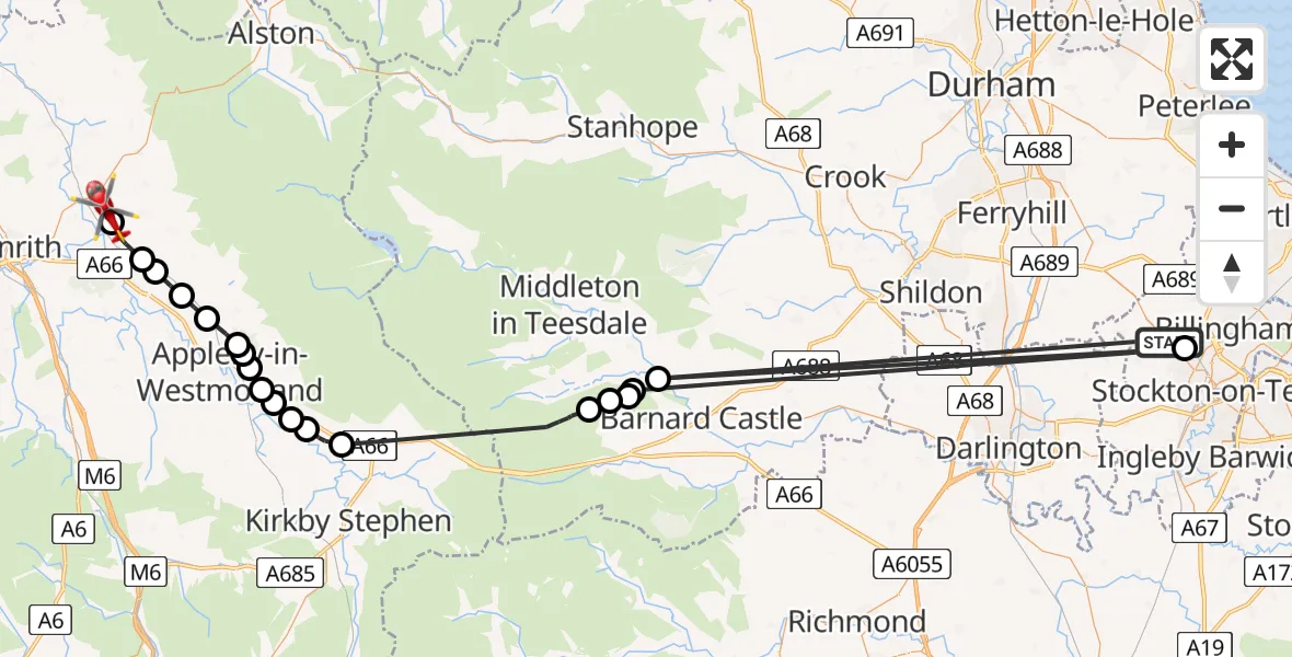 Flight route Air Ambulance Helicopter Thorpe Thewles - Skirwith, 05 July 2026, 18:31