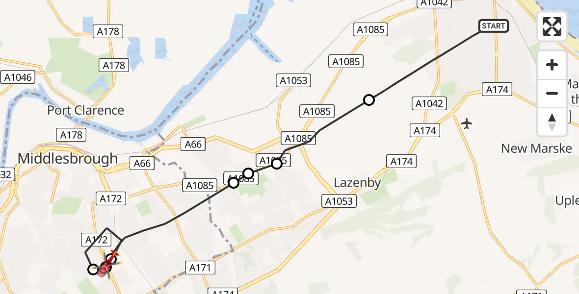 Flight route Air Ambulance Helicopter Redcar - James Cook University Hospital, 05 July 2026, 18:31