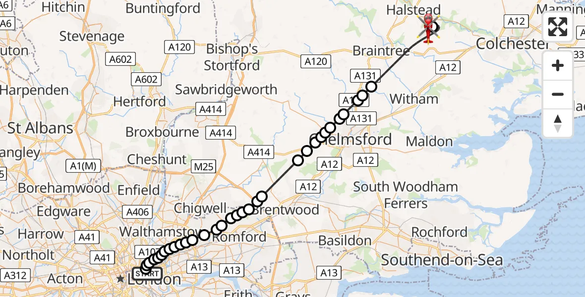 Flight route Air Ambulance Helicopter Royal London Hospital - Earls Colne Airfield, 05 July 2026, 18:39