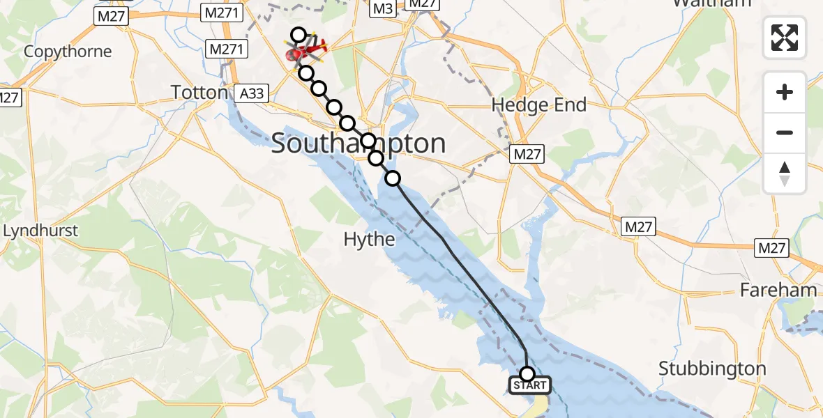 Flight route Air Ambulance Helicopter RNAS/RAF Calshot - University Hospital Southampton, 05 July 2026, 18:49