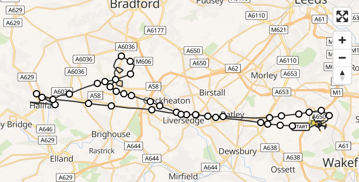 Flight route Police Helicopter East Ardsley - East Ardsley, 05 July 2026, 18:50