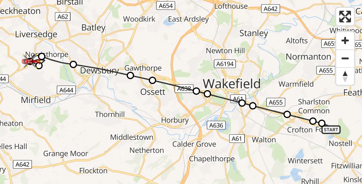Flight route Air Ambulance Helicopter YAA Nostell Helicopter Port - Norristhorpe, 05 July 2026, 18:50