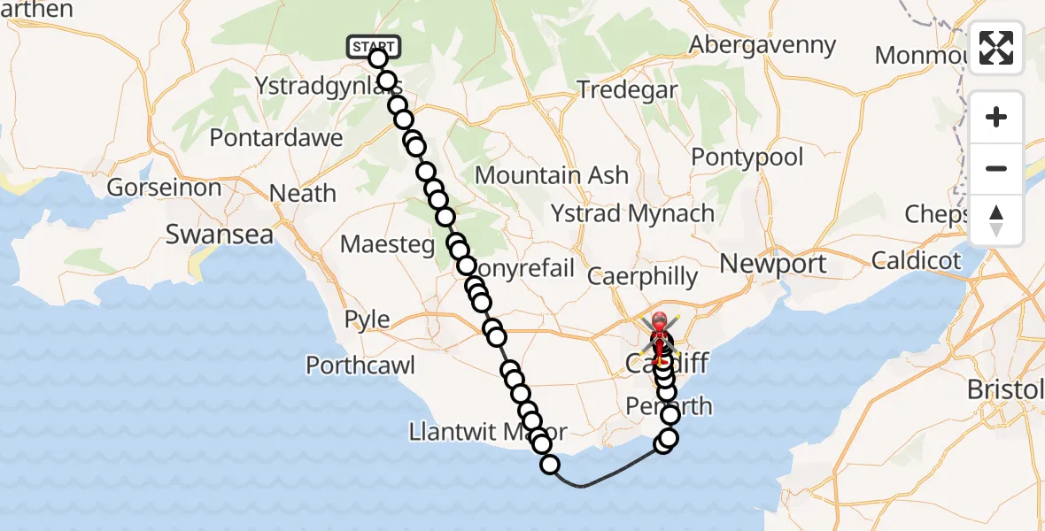 Flight route Air Ambulance Helicopter Pen y Cae - Birchgrove, 05 July 2026, 19:17