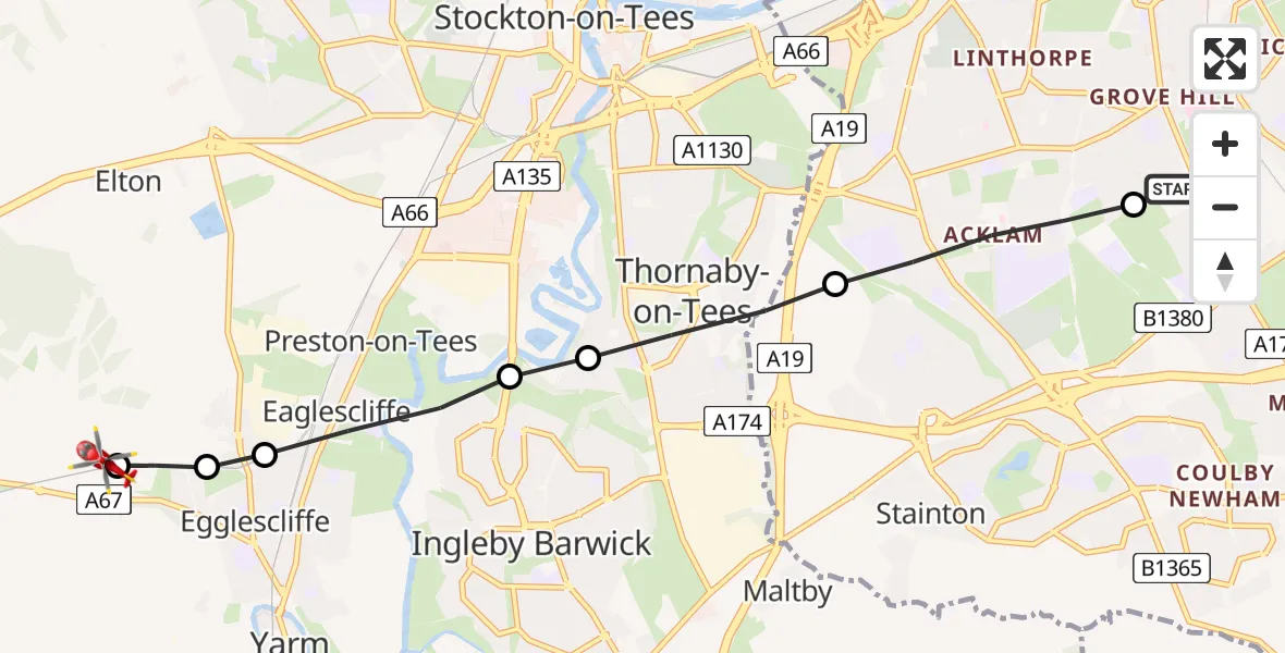 Flight route Air Ambulance Helicopter James Cook University Hospital - Longnewton, 05 July 2026, 19:20