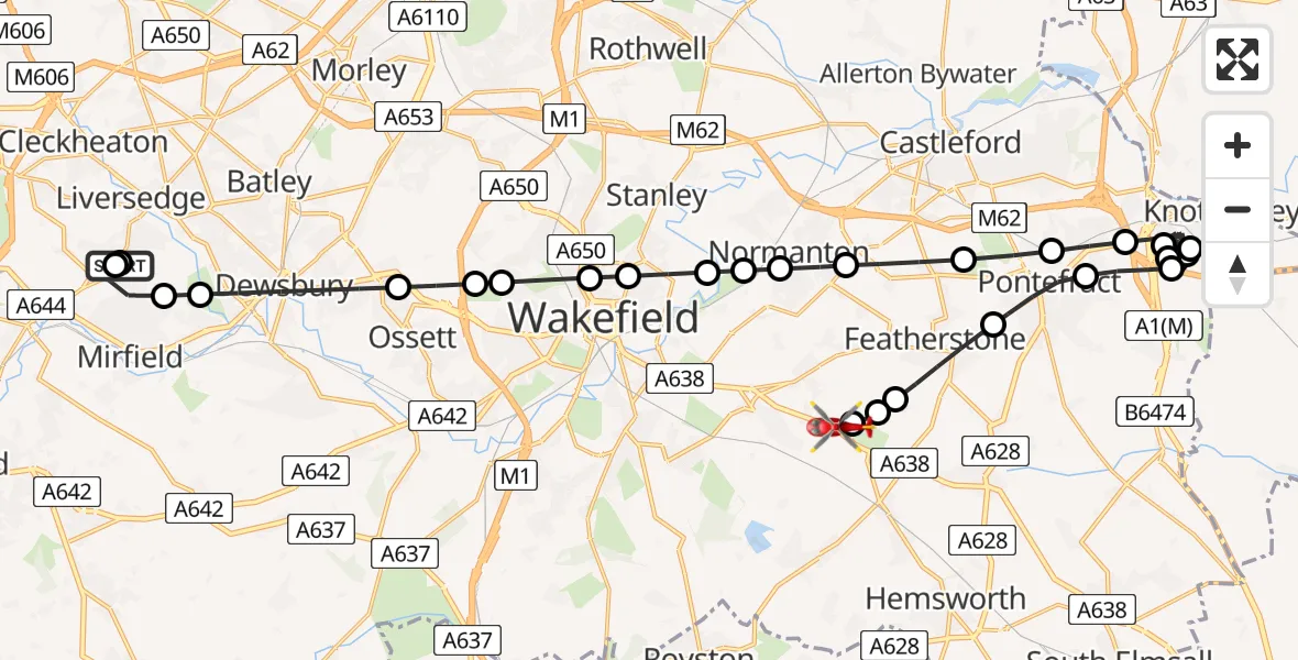 Flight route Air Ambulance Helicopter Mirfield - YAA Nostell Helicopter Port, 05 July 2026, 19:21