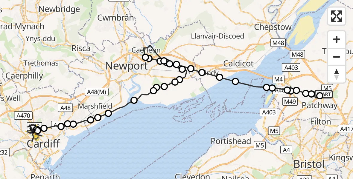 Flight route Police Helicopter Almondsbury Helicopter Base - Gabalfa, 05 July 2026, 19:25