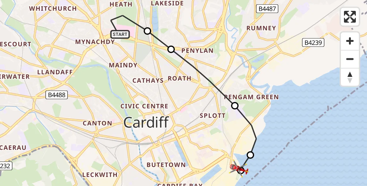 Flight route Air Ambulance Helicopter Birchgrove - Cardiff Heliport, 05 July 2026, 19:46