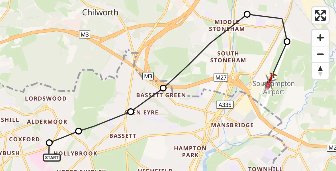 Flight route Air Ambulance Helicopter University Hospital Southampton - Southampton Airport, 05 July 2026, 19:47