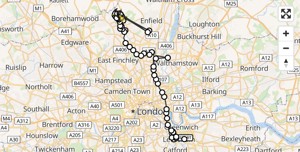 Flight route Police Helicopter Blackheath - Hadley Wood, 05 July 2026, 19:51