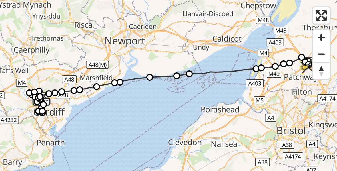 Flight route Police Helicopter Gabalfa - Almondsbury Helicopter Base, 05 July 2026, 19:53