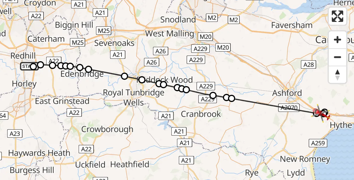 Flight route Air Ambulance Helicopter Redhill Aerodrome - Sellindge, 05 July 2026, 19:53