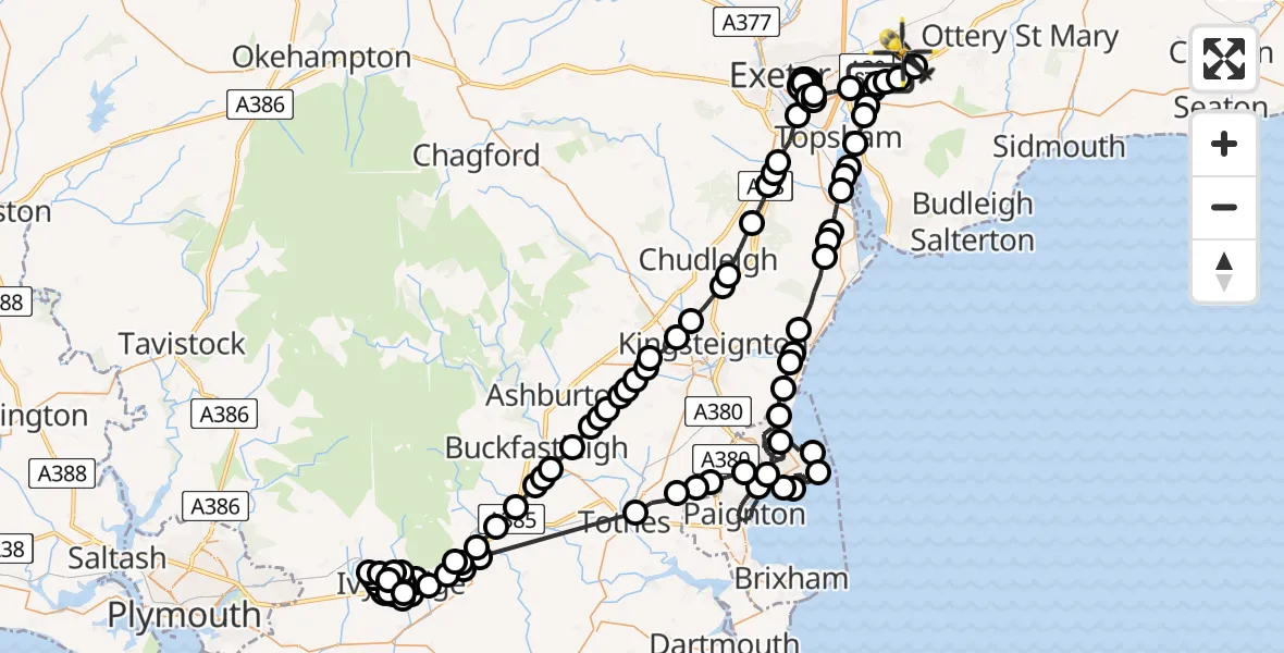 Flight route Police Helicopter Clyst Honiton - Rockbeare, 05 July 2026, 19:57