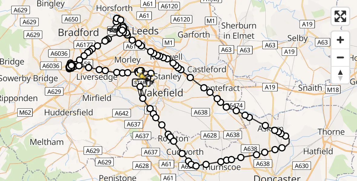 Flight route Police Helicopter Woodkirk - East Ardsley, 05 July 2026, 20:15