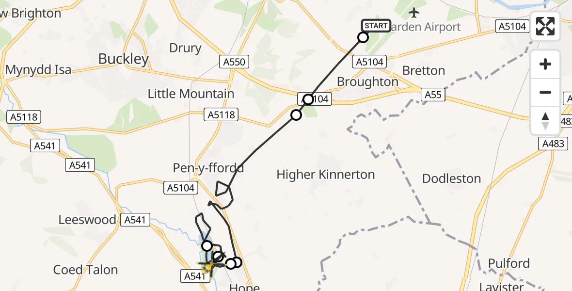 Flight route Police Helicopter Hawarden Airport - Caergwrle, 05 July 2026, 20:25