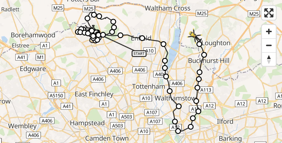 Flight route Police Helicopter Edmonton - Metropolitan Police Air Support Unit Lippitts Hill, 05 July 2026, 20:30