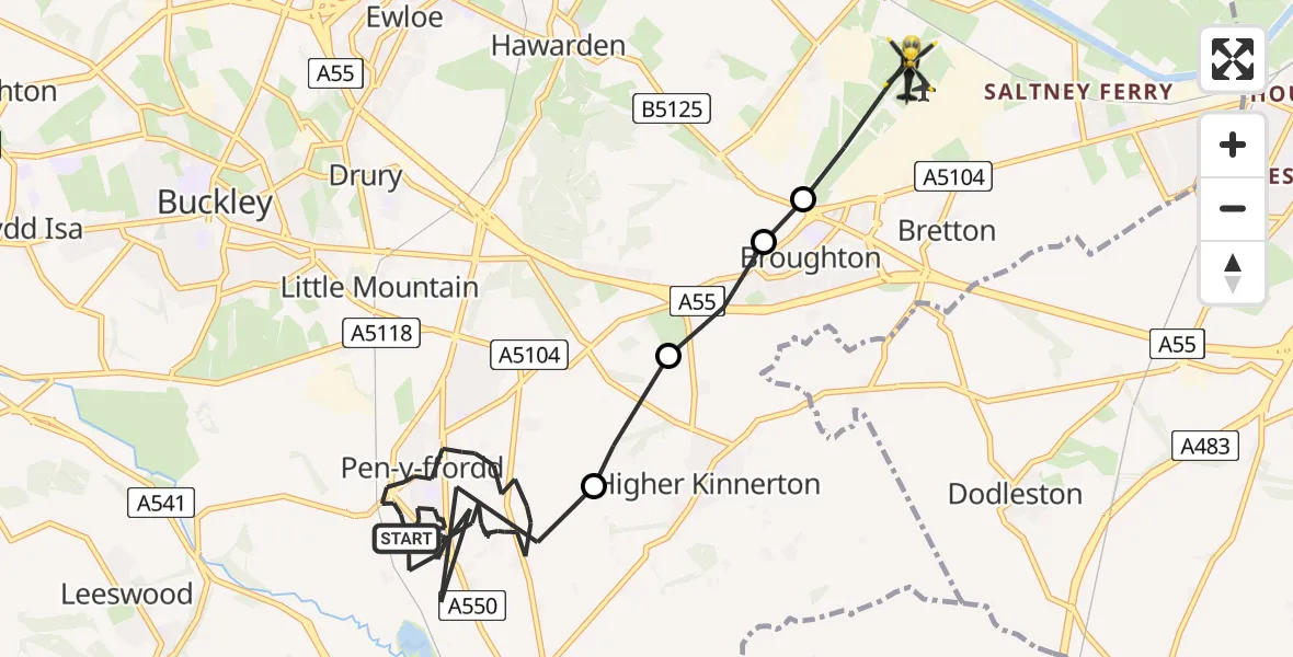 Flight route Police Helicopter Penyffordd - Hawarden Airport, 05 July 2026, 20:47