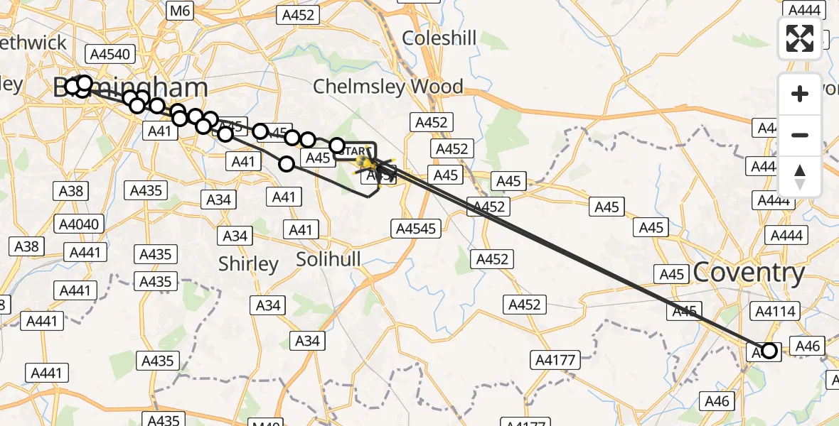 Flight route Police Helicopter Birmingham Airport - Solihull, 05 July 2026, 21:09