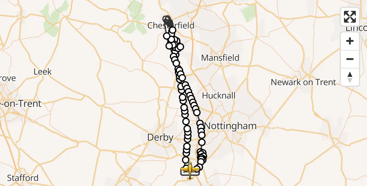 Flight route Police Aircraft East Midlands Airport - East Midlands Airport, 05 July 2026, 21:38
