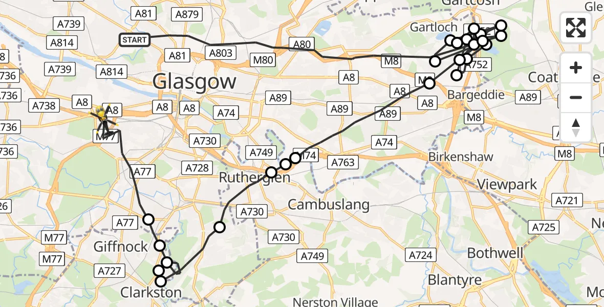 Flight route Police Helicopter Glasgow - Glasgow, 05 July 2026, 22:05
