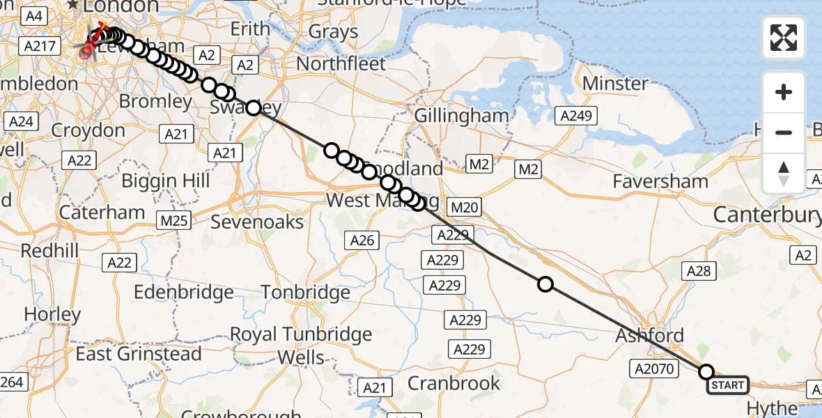 Flight route Air Ambulance Helicopter Sellindge - Kings College London Hospital, 05 July 2026, 22:10