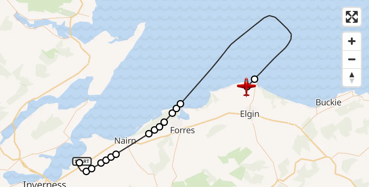 Flight route Air Ambulance Aircraft Tornagrain - RAF Lossiemouth, 05 July 2026, 22:17