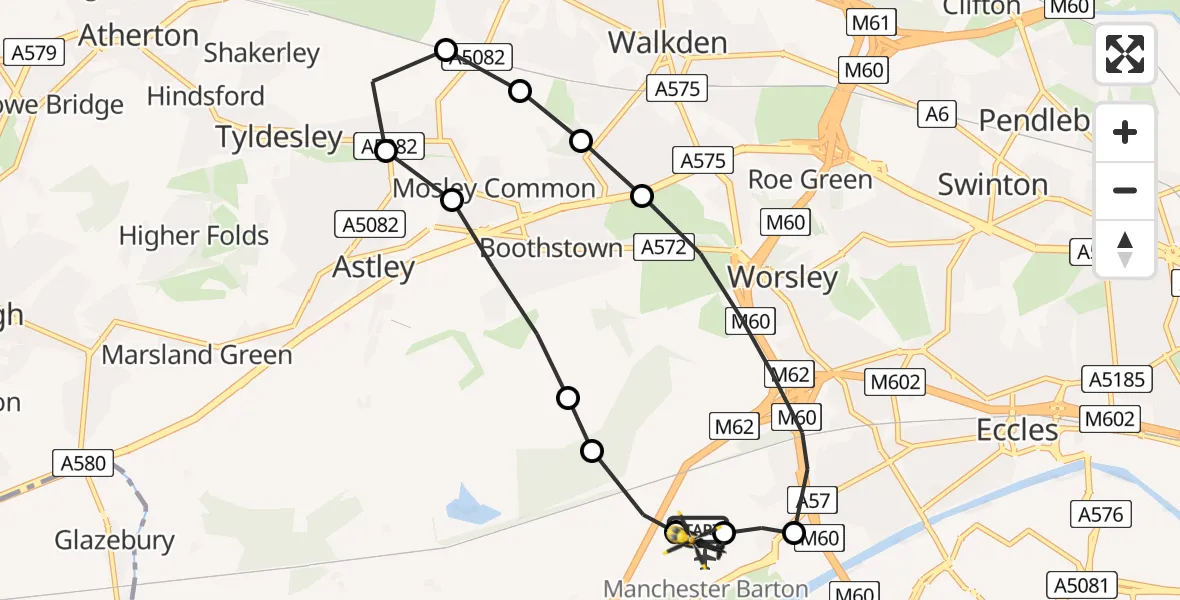 Flight route Police Helicopter Manchester Barton Aerodrome - Manchester Barton Aerodrome, 05 July 2026, 22:18