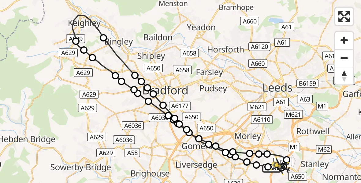 Flight route Police Helicopter East Ardsley - Brandy Carr, 06 July 2026, 00:08