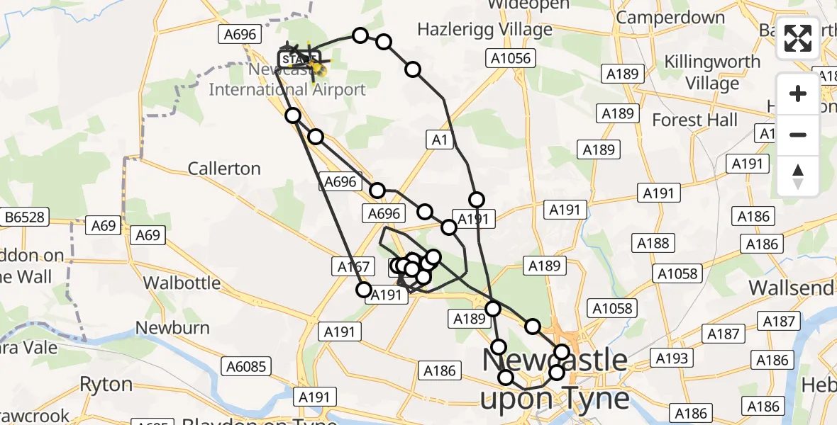 Flight route Police Helicopter Newcastle International Airport - Newcastle International Airport, 06 July 2026, 02:27